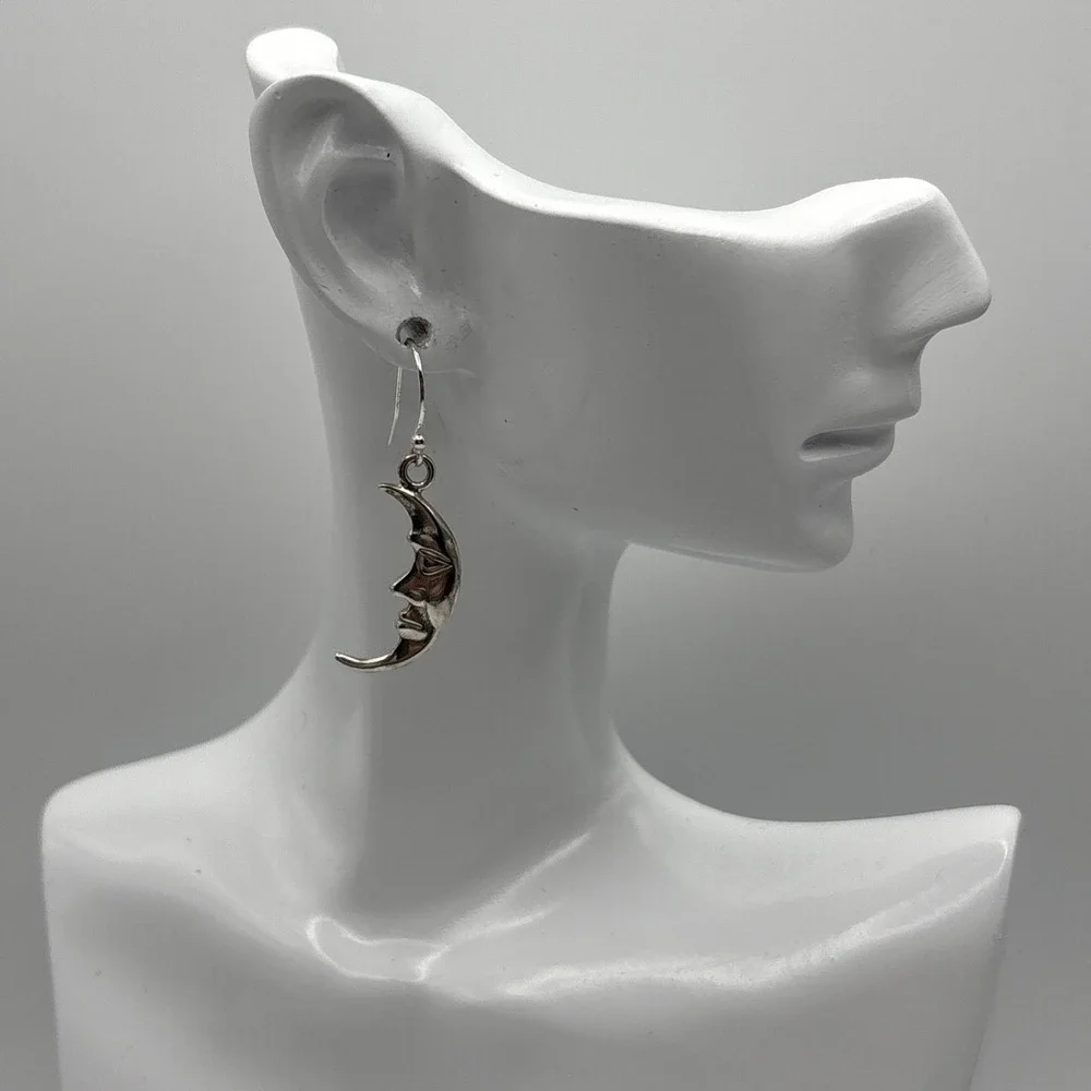 Vtg 925 Sterling Silver Crescent Moon Face Pierced Dangle Drop Earrings 1